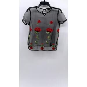 IRIS Women's Black Mesh Embroidered Rose Short Sleeve Crewneck Top SZ M